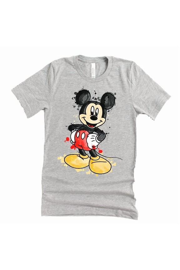 Watercolor Mickey Minnie Mouse Graphic Design Casual Short Sleeve Unisex Shirt (Mickey-Gray-Medium)