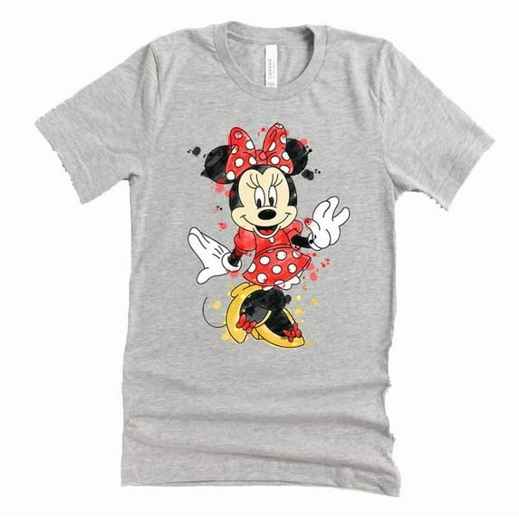 Watercolor Mickey Minnie Mouse Graphic Design Casual Short Sleeve Unisex Shirt (Minnie-Gray-Small)