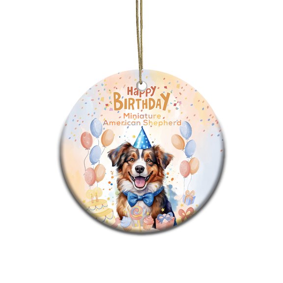 Watercolor Miniature American Shepherd Happy Birthday Celebration Balloons Gift Party Ceramic Round Ornament MAS Dog Lover Gifts Home Tree Decor - 00028