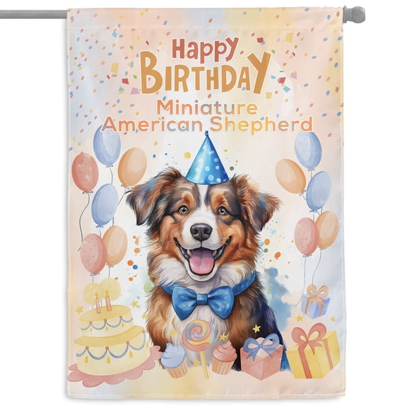 Watercolor Miniature American Shepherd Happy Birthday Celebration Balloons Gift Party House Flag 28x40in Double Sided MAS Dog Lover Gifts Outdoor Decor - 00028