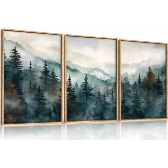 TOARTi Watercolor Misty Forest Framed Canvas Wall Art Set, Nature Landscape Wall Decor, Foggy Mountain Pine Trees Wall Painting, Jungle Scenery Artwork for Living Room, Bedroom, Office - 16"x24"x3