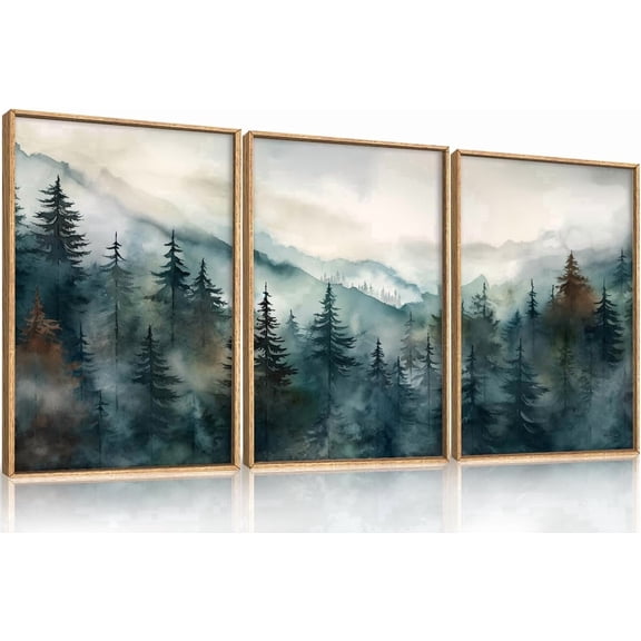TOARTi Watercolor Misty Forest Framed Canvas Wall Art Set, Nature Landscape Wall Decor, Foggy Mountain Pine Trees Wall Painting, Jungle Scenery Artwork for Living Room, Bedroom, Office - 16"x24"x3