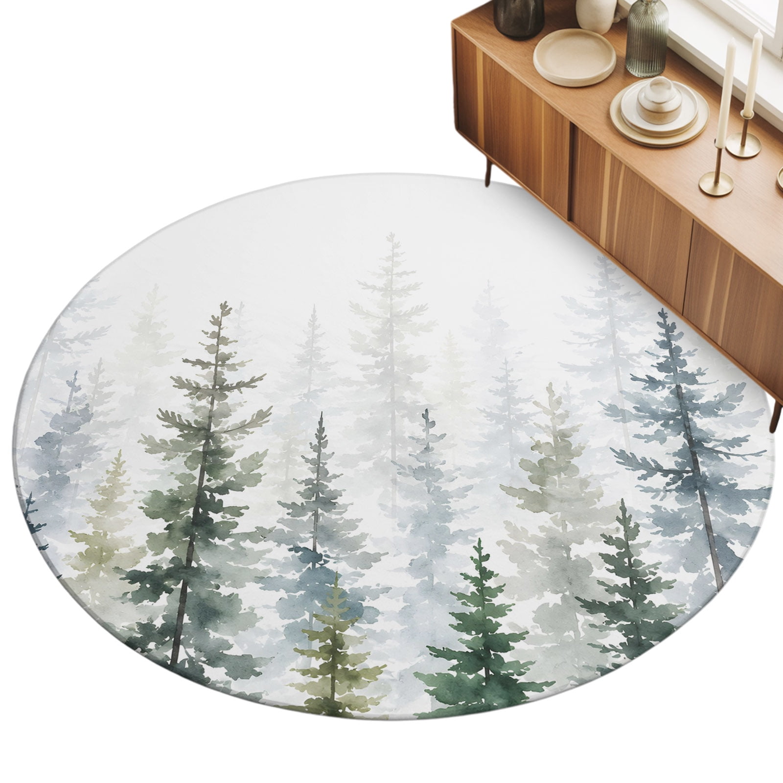 Watercolor Misty Pine Forest Area Rug 8', Neutral Foggy Woodland Green ...