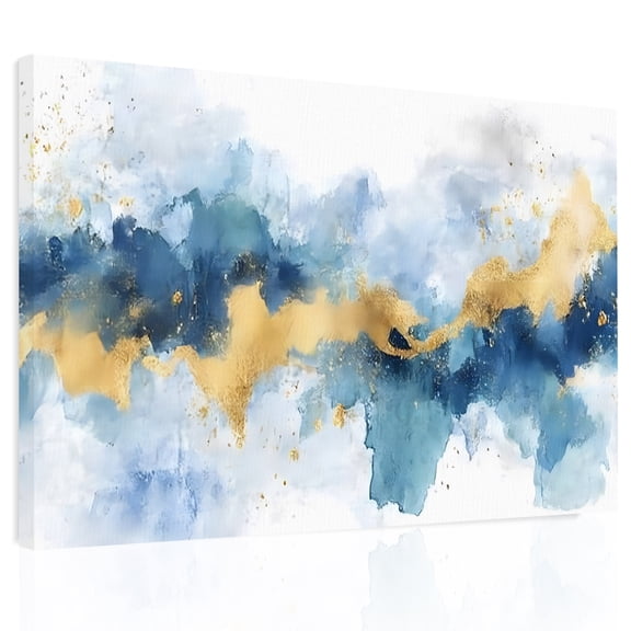 Watercolor Modern Art Canvas Print Wall Art, Gold Blue Blooming Effect Wall Decor Modern Artwork Paintings Pictures for Living Room Framed and Stretched Ready to Hang, 12" x 16"