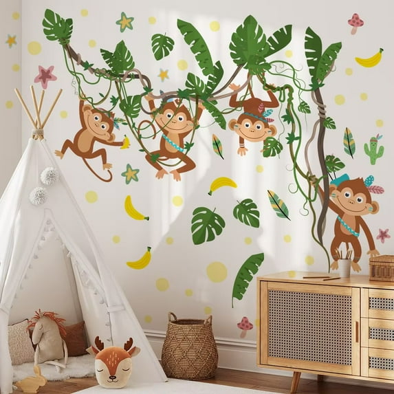 Watercolor Monkeys Wall Decals Jungle Animal Monkeys Wall Stickers DIY Removable Jungle Safari Animal Wall Sticker Decor for Baby Nursery Playroom Bedroom Classroom Kindergarten Wall Decor