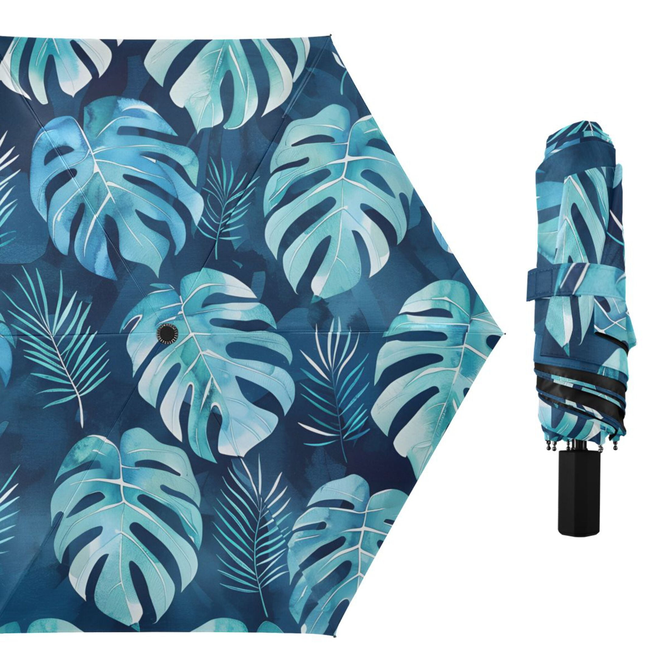 Watercolor Monstera All Weather Umbrella Triple Folding Parasol 6 Ribs UV Protection Portable