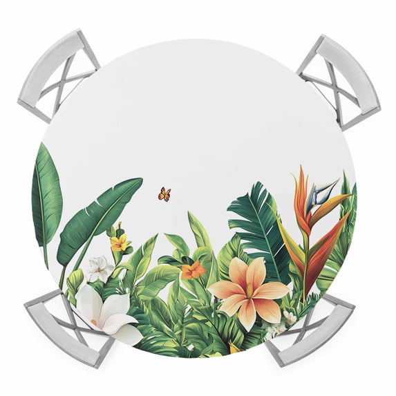 Watercolor Monstera Flowers Elastic Fitted Round Table Cover Tropical Plant Leaf Waterproof Outdoor Tablecloth for Holiday Party, Picnic, Patio & Dining Fits Tables Up to 55"-60"