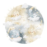 Watercolor Moon Yawning Sun Stars Edible Icing Cake Topper, by TNCT 3 Count