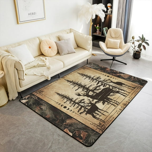 Watercolor Moose Deer Area Rug 3x5 for Bedroom Living Room Playroom,Cabin Hunting Carpet,Rustic Farmhouse Wildlife Decorative Rug Non Shedding,Leaf Camouflage Indoor Floor Mat Non Slip
