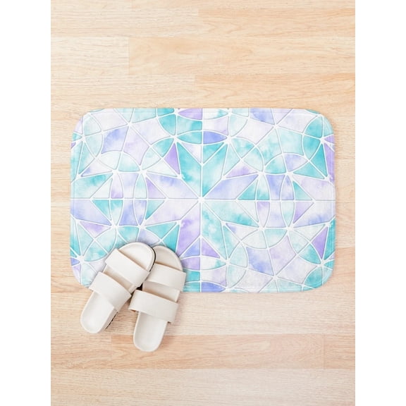 Watercolor Moroccan Geometric Tile Bath Mat – Aqua Teal Lavender Boho Pattern, 2 Sizes Available