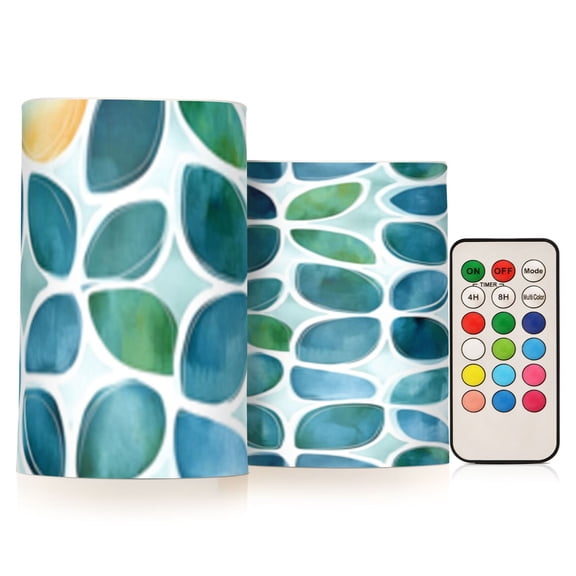 Watercolor Mosaic Leaves Flickering Flameless Candles Battery Operated with Remote Timer LED Pillar Candles Set of 2