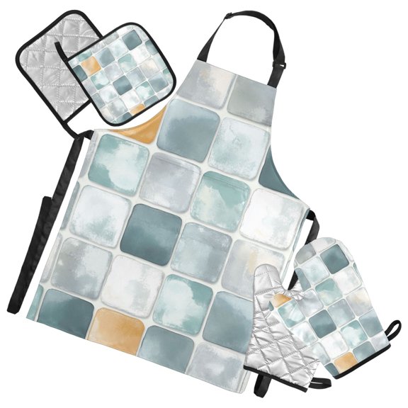 Watercolor Mosaic Tile Oven Mitts and Pot Holders with Chef Apron Set 5 Pcs Kitchen Cooking Set