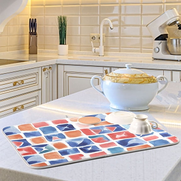 Watercolor Mosaic Tiles Dish Drying Mats for Kitchen Counter Absorbent Microfiber Coffee Pad