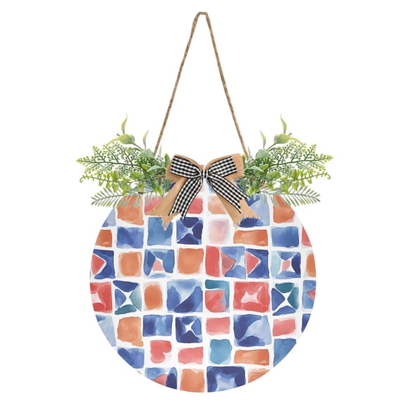 Watercolor Mosaic Tiles Front Door Porch Decoration Hanging Sign with Artificial Green Plants and Bow for Home Outdoor Indoor