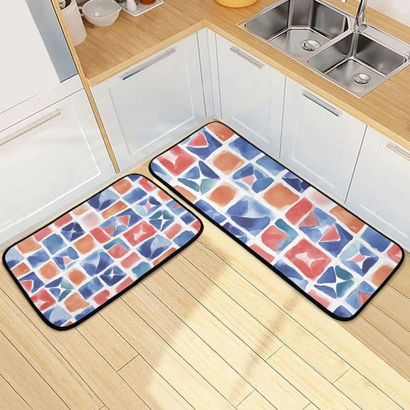 Watercolor Mosaic Tiles Kitchen Mat Set of 2 Cushioned Non Slip Rugs for Bedroom Floor Runner Mats