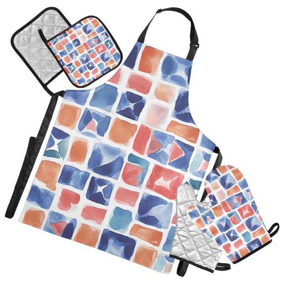 Watercolor Mosaic Tiles Oven Mitts and Pot Holders with Chef Apron Set 5 Pcs Kitchen Cooking Set