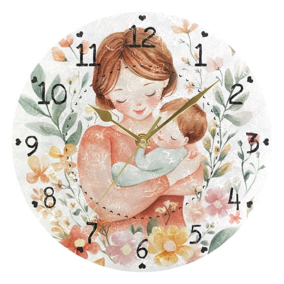 Watercolor Mother with Child Flowers Round Wall Clock Silent Analog Battery Operated Gold Pointer Home Decor 9.84" Diameter