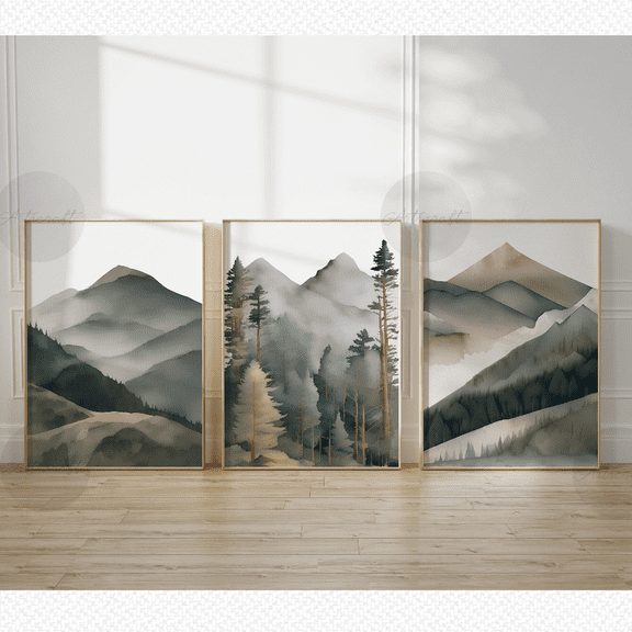 Watercolor Mountain Abstract Forest Landscape Poster Set 3 Prints Set 3 , Poster Only