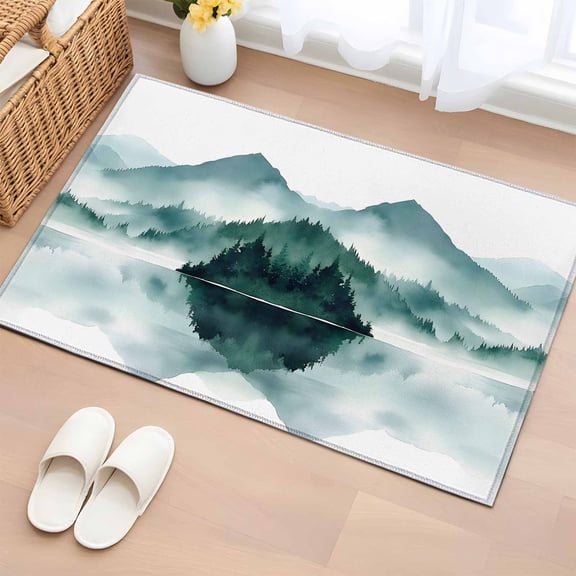 Watercolor Mountain Bathroom Rug Washable 2x3 Entryway Rug Non Slip Ink Painting Forest Front Door Mat Low Pile Indoor Doormat Throw Floor Carpet for Kitchen Bedroom Entrance