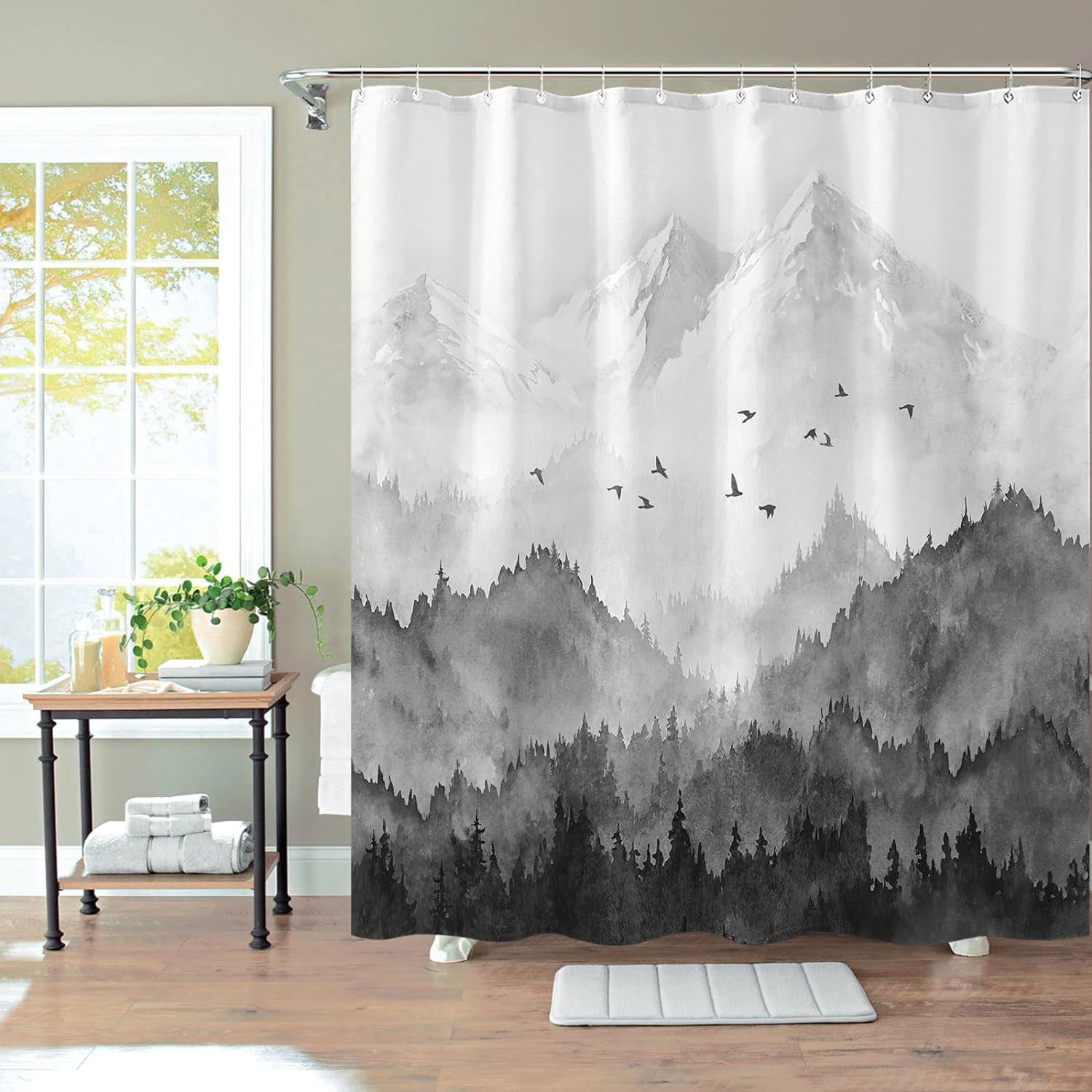 Watercolor Mountain Forest Shower Curtain, Nature Misty Foggy Black and