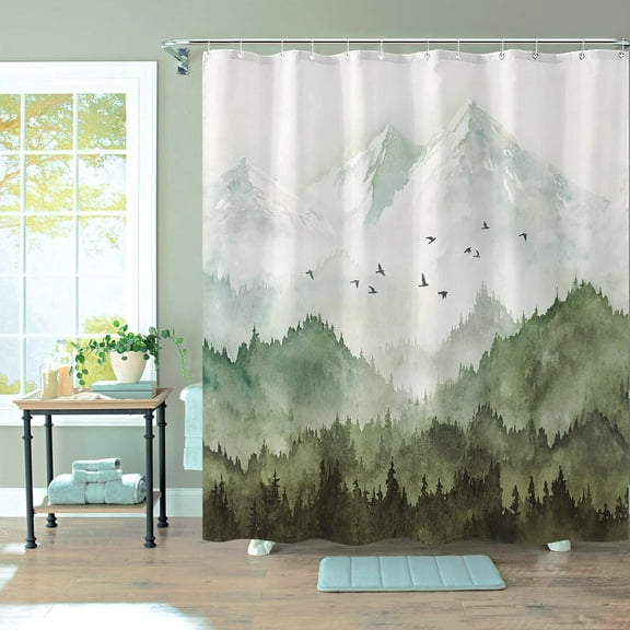 Watercolor Mountain Forest Shower Curtain, Nature Misty Foggy Sage Green Tree Landscape Art Shower Curtains with 12 Hooks Bathroom Decor Waterproof Fabric