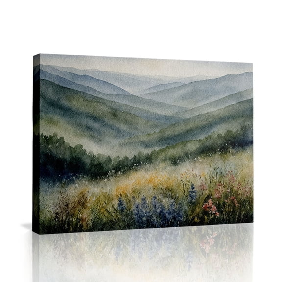 Watercolor Mountain Meadow Canvas Wall Art (Soft Nature Tone) Ready to Hang for Bedroom