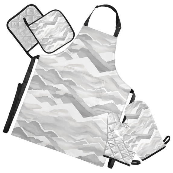 Watercolor Mountain Ridge 5 Pcs Kitchen Set Heat Resistant Oven Mitts and Non-Slip Pot Holders with Adjustable Cooking Apron