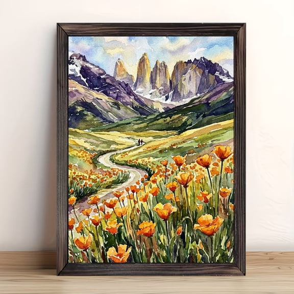 Watercolor Mountain Wildflower Framed Wall Art, Solid Wood Frame Hiking Trail Nature Landscape Print, Scenic Outdoor Artwork for Living Room Bedroom, 12x16in