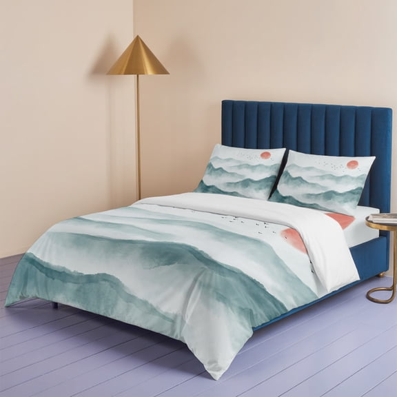 Watercolor Mountains Landscape Queen Size Bed Set,Asian Zen Painting Bedding for All Seasons,4 Pcs Bed Set,1 Quiltcover (90"x90"),1 Sheet (90"x102"),2 Pillowcases (20"x30")