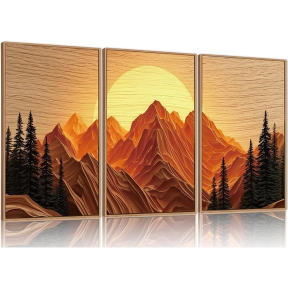 Watercolor Mountains d Canvas Wall Art Set, Boho Sun Forests Wall Decor, Green Scenery Wall Painting, Modern Woodland Artworks for Living Room, Bedroom, Dining Room, Office - 16"x24"x3