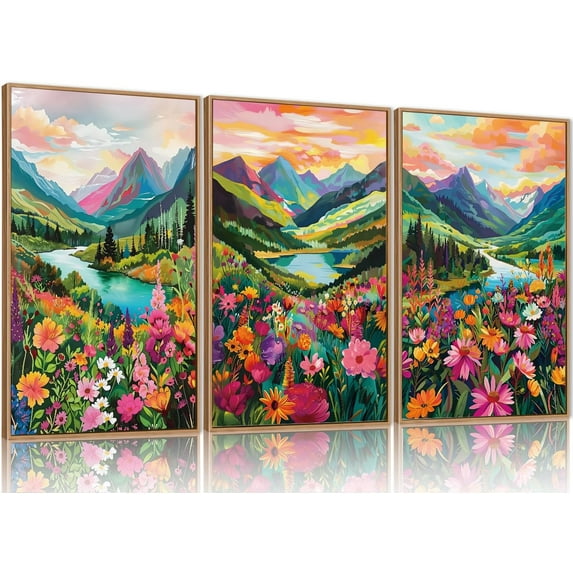 Watercolor Mountains d Canvas Wall Art Set, Boho Sun Forests Wall Decor, Green Scenery Wall Painting, Modern Woodland Artworks for Living Room, Bedroom, Dining Room, Office - 16"x24"x3