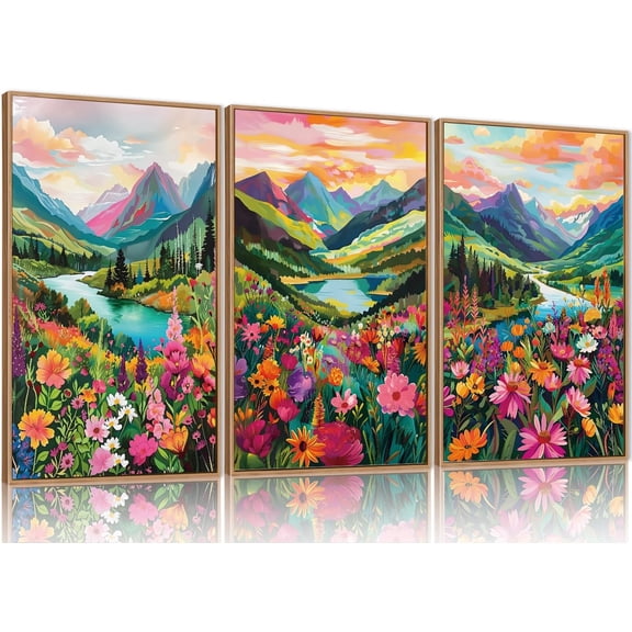 Watercolor Mountains d Canvas Wall Art Set, Boho Sun Forests Wall Decor, Green Scenery Wall Painting, Modern Woodland Artworks for Living Room, Bedroom, Dining Room, Office - 16"x24"x3