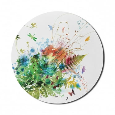 Watercolor Mouse Pad for Computers, Floral Jungle Foliage Summer Design Butterfly Dragonfly Herbs Fresh Leafage, Round Non-Slip Thick Rubber Modern Gaming Mousepad, 8" Round, Multicolor, by Ambesonne