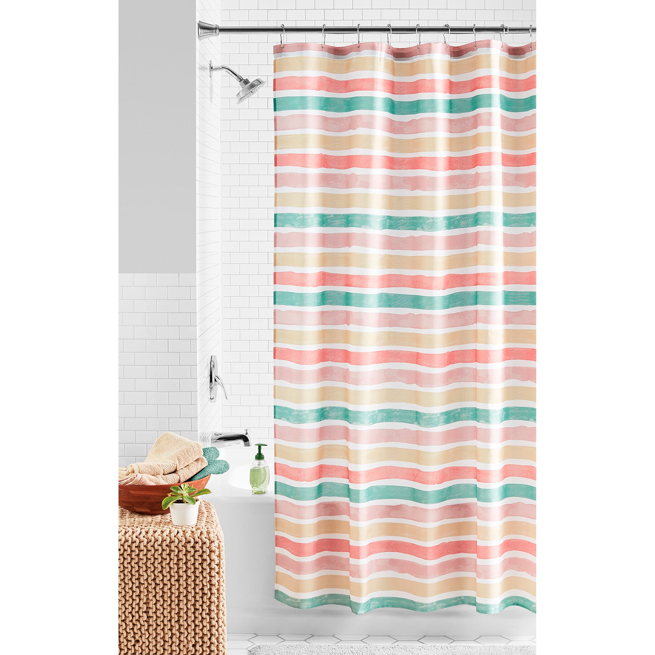 Watercolor Multicolor Stripe Polyester Shower Curtain + Medium Weight Liner
