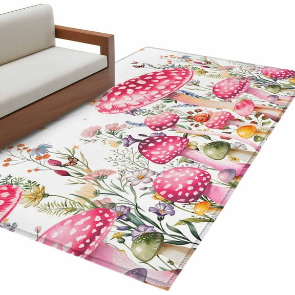 Watercolor Mushroom Area&nbsp;Rug 4x6ft Pink Flower Butterfly Ladybug Non-Slip&nbsp;Washable Square&nbsp;Rugs Soft Felt Indoor Floor Mat for Bedroom Kitchen Living Room Bathroom