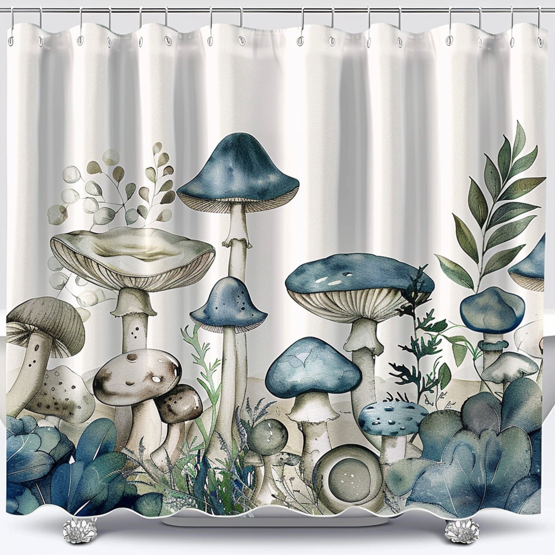Watercolor Mushroom Bathroom Shower Curtain Set with Blue Accents Dark