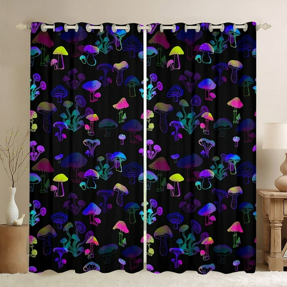Watercolor Mushroom Curtains & Drapes,Magical Gradient Glowing Mushrooms Window Curtains,Botanical Plant Blackout Curtains
