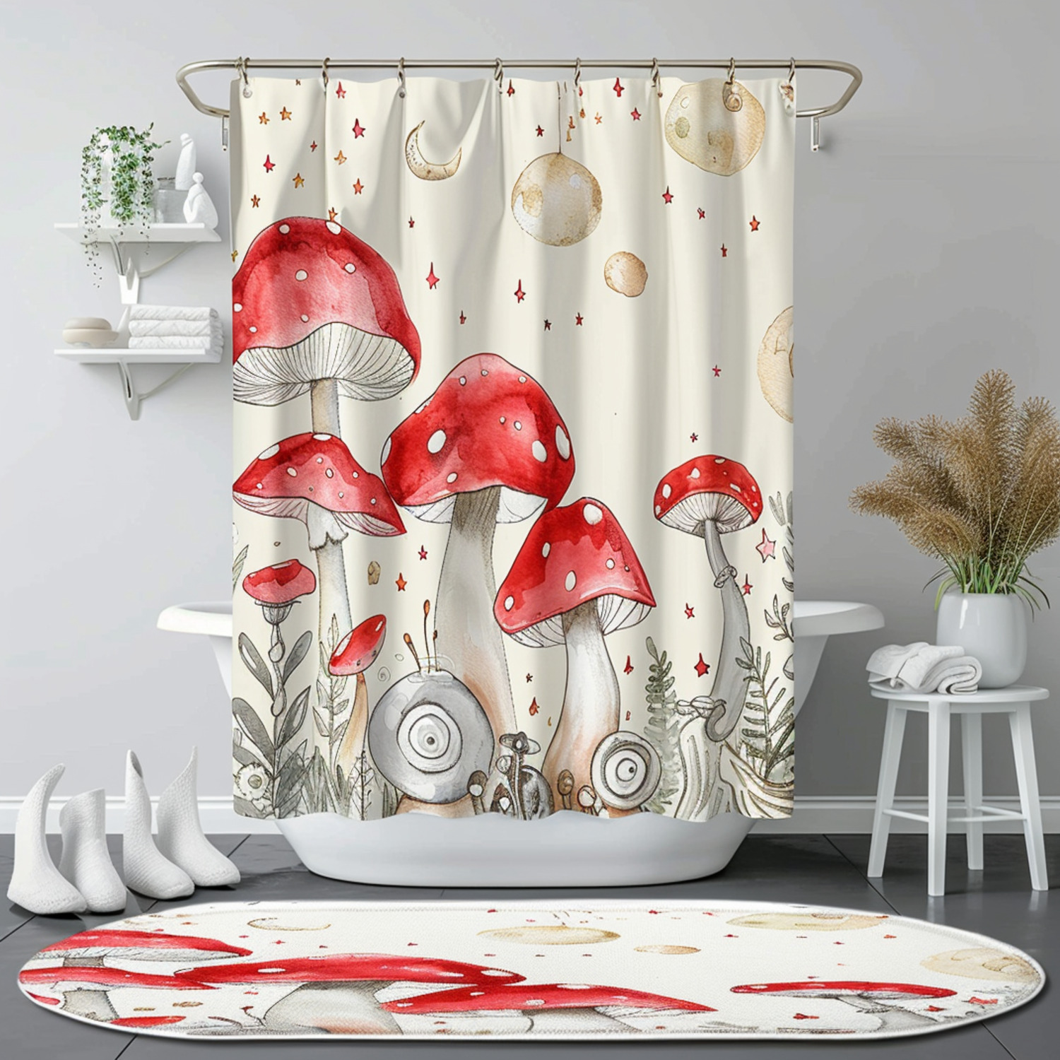 Watercolor Mushroom and Moon Phases Shower Curtain Set Cute Cartoon