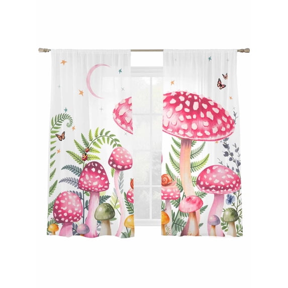 Watercolor Mushroom Sheer Curtains 2 Panels Set Butterfly Pink Flower Ladybug Sheer Window Curtains Light Filtering Rod Pocket Voile Drapes for Bedroom Living Room 52"X72"