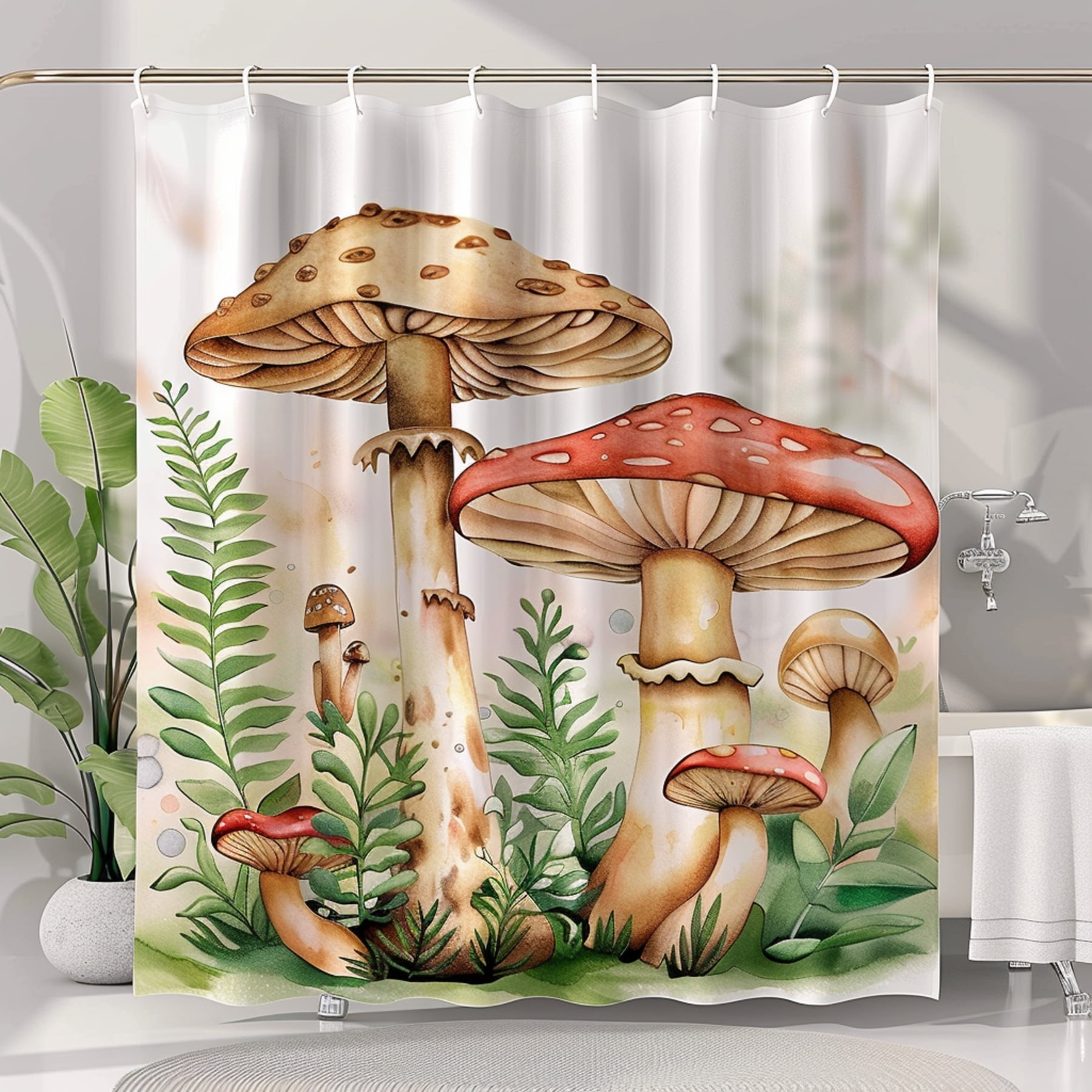 Watercolor Mushroom Theme Bathroom Curtain with Green Plants Hyper
