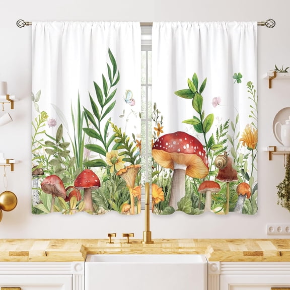 Watercolor Mushroom Wild Floral Grass Butterfly Window Curtains for Aesthetic Home Kitchen Bedroom Decoration