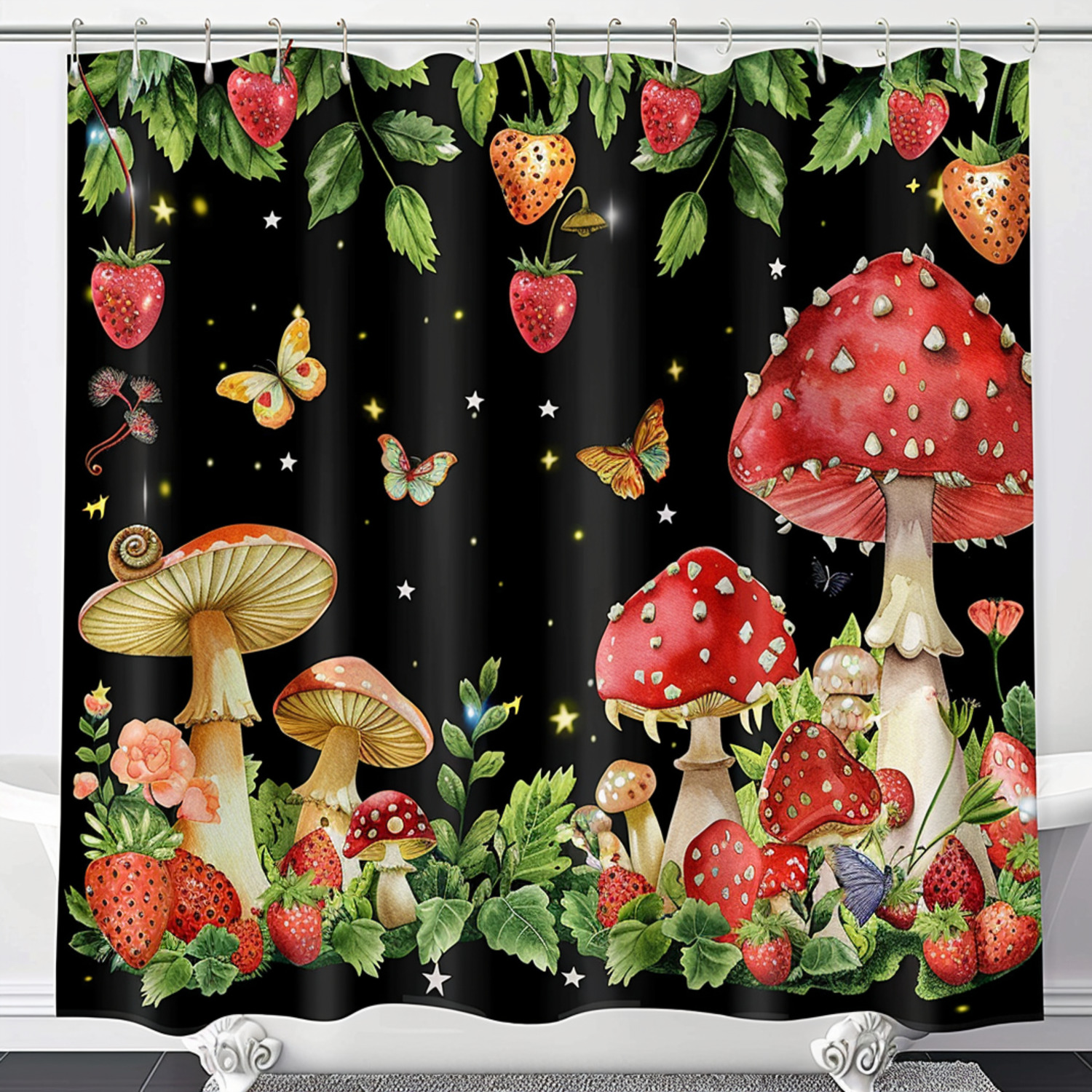 Watercolor Mushroom and Strawberry Bathroom Shower Curtain with Cute