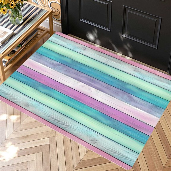 Watercolor Muted Rainbow Wood Plank Doormat, Rustic Front Door Porch Living Room Holiday Party Home Decor, Thanksgiving Christmas Gift