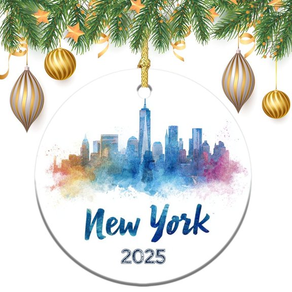 Watercolor New York Skyline Ceramics Ornaments Travel Lover Gift 3" Circle Ceramic Ornament Ceramic Elegant Hanging Christmas Tree Decorations Gifts Keepsake for Family