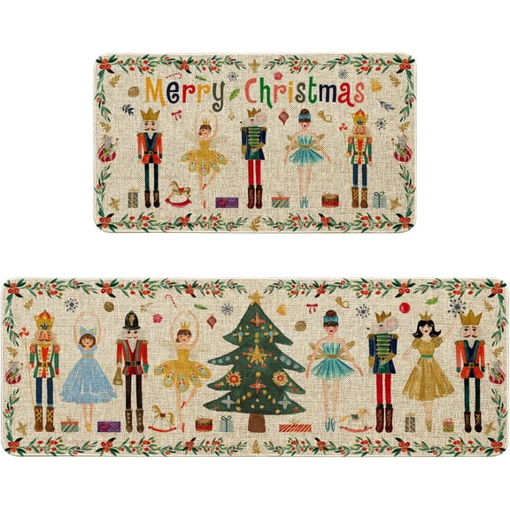 Watercolor Nutcracker Christmas Kitchen Mat Decor, Merry Christmas Kitchen Rugs Sets of 2, Christmas Mats for Kitchen Floor, Christmas Rugs Indoor Kitchen Christmas Decorations