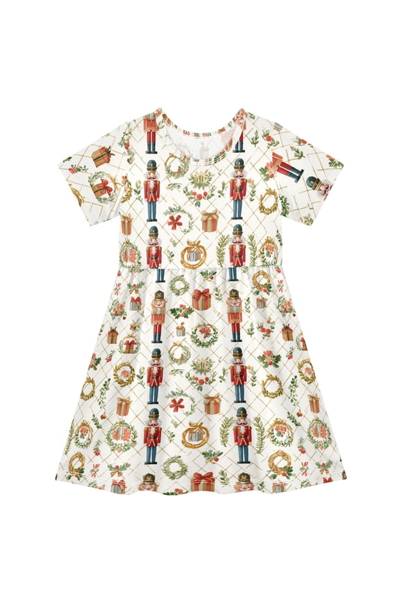 Watercolor Nutcracker Short Sleeve Dress A-Line Cute Midi Casual Sundress 2-8 Years