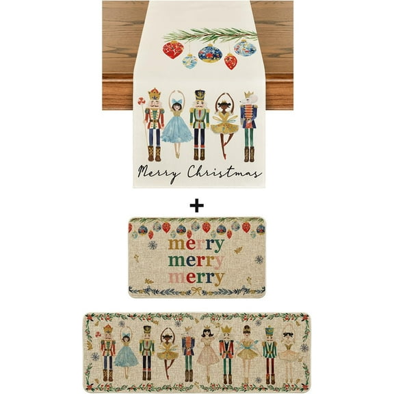 Watercolor Nutcrackers Merry Christmas Kitchen Mats 2 pcs and Table Runner 13x72 Inch