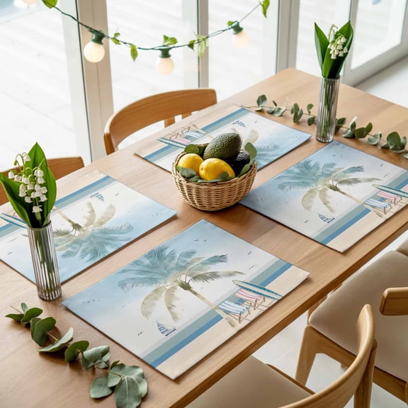 Watercolor Ocean Beach Palm Tree Placemats Set of 4,Wipeable Washable Table Mats for Dining Tables, Sailboat Lounge Chair Bird Place Mats for Kitchen Event Party Tabletop Decor