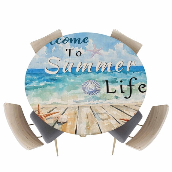Watercolor Ocean Beach Starfish Shell Fitted Round Tablecloths Elastic Edged Table Covers 36"-44",Summer Life Quote Wood Waterproof Dining Room Kitchen Table Cloth for Holiday Party Tables Decor