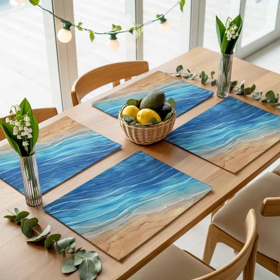 Watercolor Ocean Blue Foamy Wave Placemats Set of 4,Wipeable Washable Table Mats for Dining Tables, Coastal Seaside Serene Beach Place Mats for Kitchen Event Party Tabletop Decor